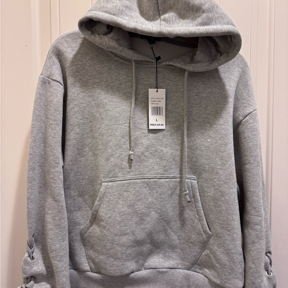Allure Luxe Gray Sweater with Lace-up Sleeves & Ribbed Hem and Cuffs - NWT (L)